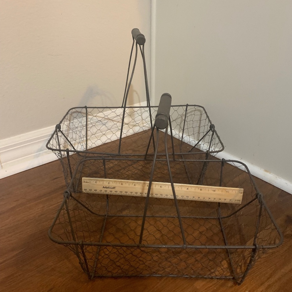 Two wire baskets with wood handles